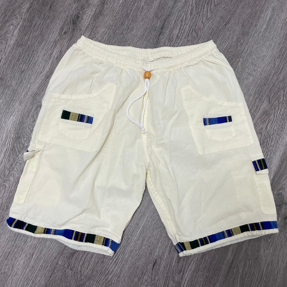 Conoz Shorts Mens Medium Beige Handwoven Cotton Boho Hippie Tribal Trim Aviator